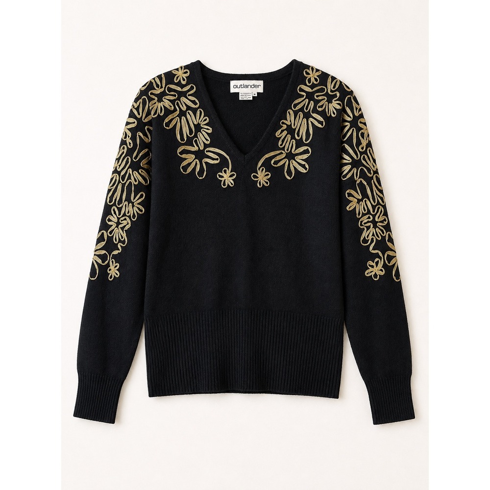 Outlander Sweater Women Medium Black Gold Embroidered Lambswool Angora Vintage